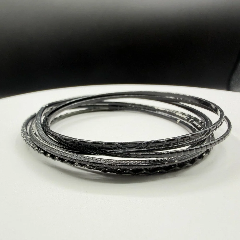 Black Textured Bangle Bracelet Set Stack Gothic Boho Layering Fashion 7 Pcs